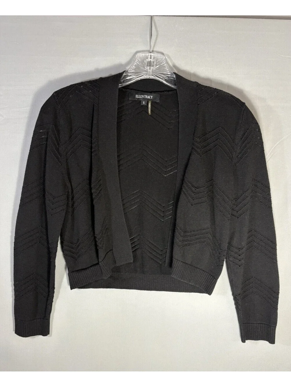 Ellen Tracy Black 100% Cotton Open Front Cropped Cardigan Chevron Knit Sz S - Picture 2 of 7